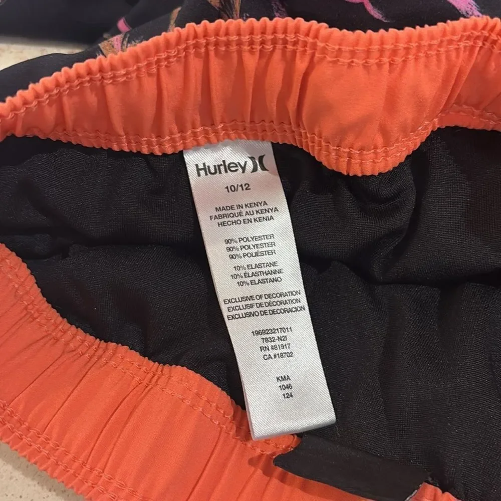 Hurley Black and Pink Board Shorts Tropical Design SZ 10/12 Neon orange and pink